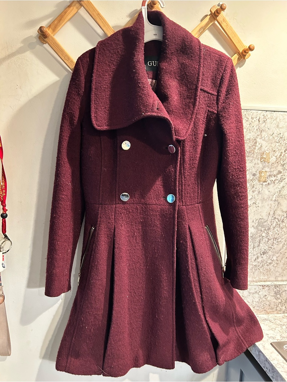 GUESS Women's Burgundy Double-Breasted Wool-Blend Pea Coat